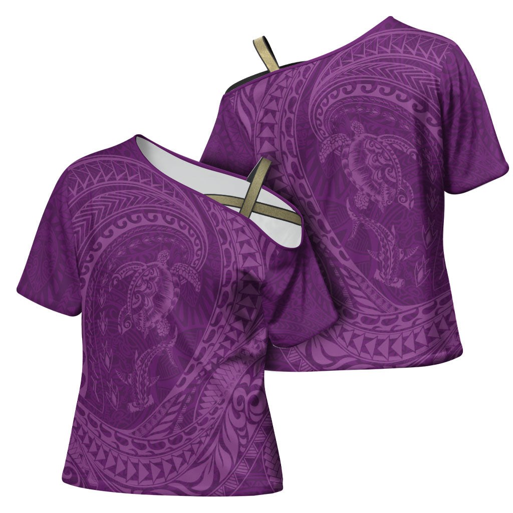 Hawaiian Turtle and Shark Cross Shoulder Shirt Kakau Tribal with Polynesian Pattern Pink Color LT03 - Polynesian Pride