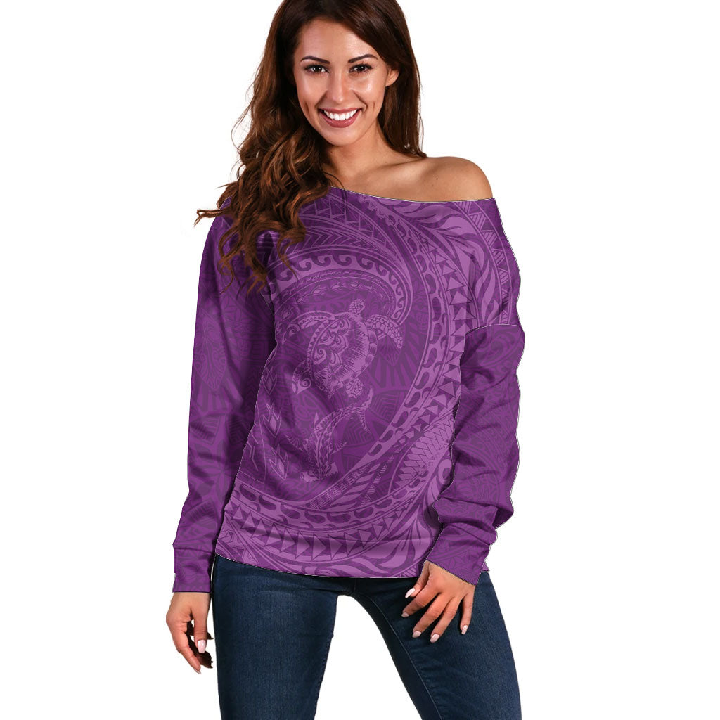 Hawaiian Turtle and Shark Off Shoulder Sweater Kakau Tribal with Polynesian Pattern Pink Color LT03 Women Pink - Polynesian Pride