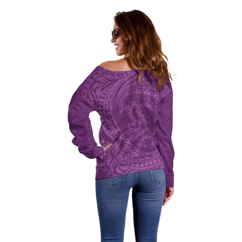 Hawaiian Turtle and Shark Off Shoulder Sweater Kakau Tribal with Polynesian Pattern Pink Color LT03 - Polynesian Pride