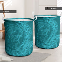 Hawaiian Turtle and Shark Laundry Basket Kakau Tribal with Polynesian Pattern Turquoise Color LT03 - Polynesian Pride