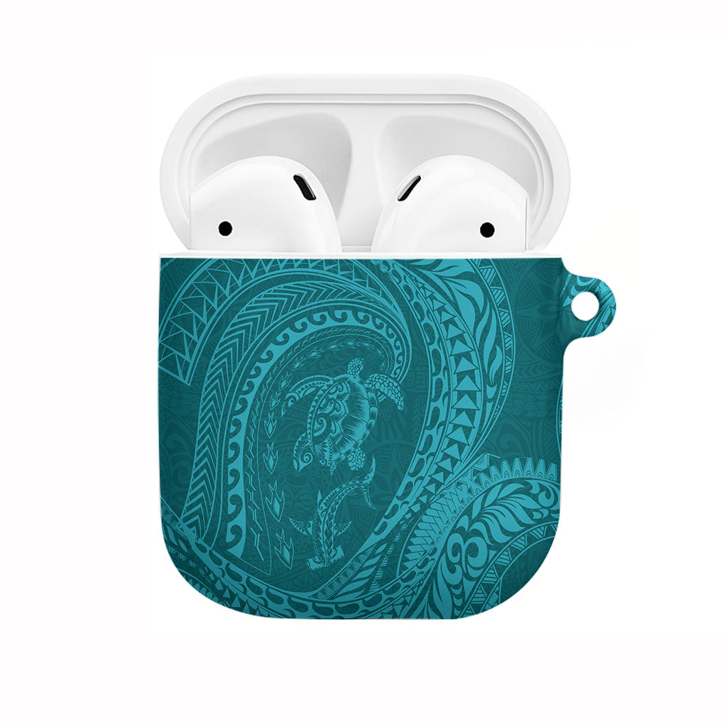 Hawaiian Turtle and Shark AirPods Case Kakau Tribal with Polynesian Pattern Turquoise Color LT03 Turquoise - Polynesian Pride