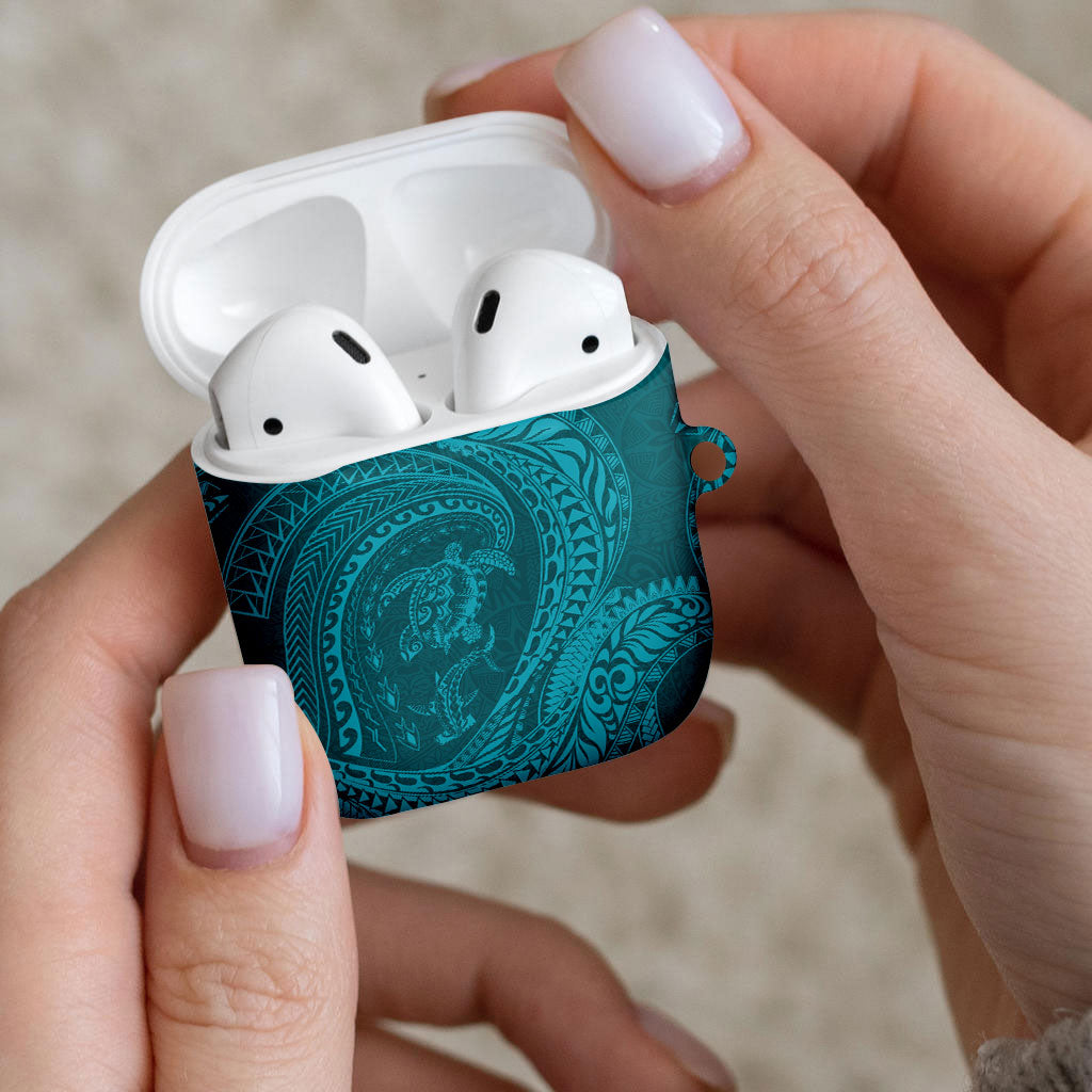 Hawaiian Turtle and Shark AirPods Case Kakau Tribal with Polynesian Pattern Turquoise Color LT03 - Polynesian Pride