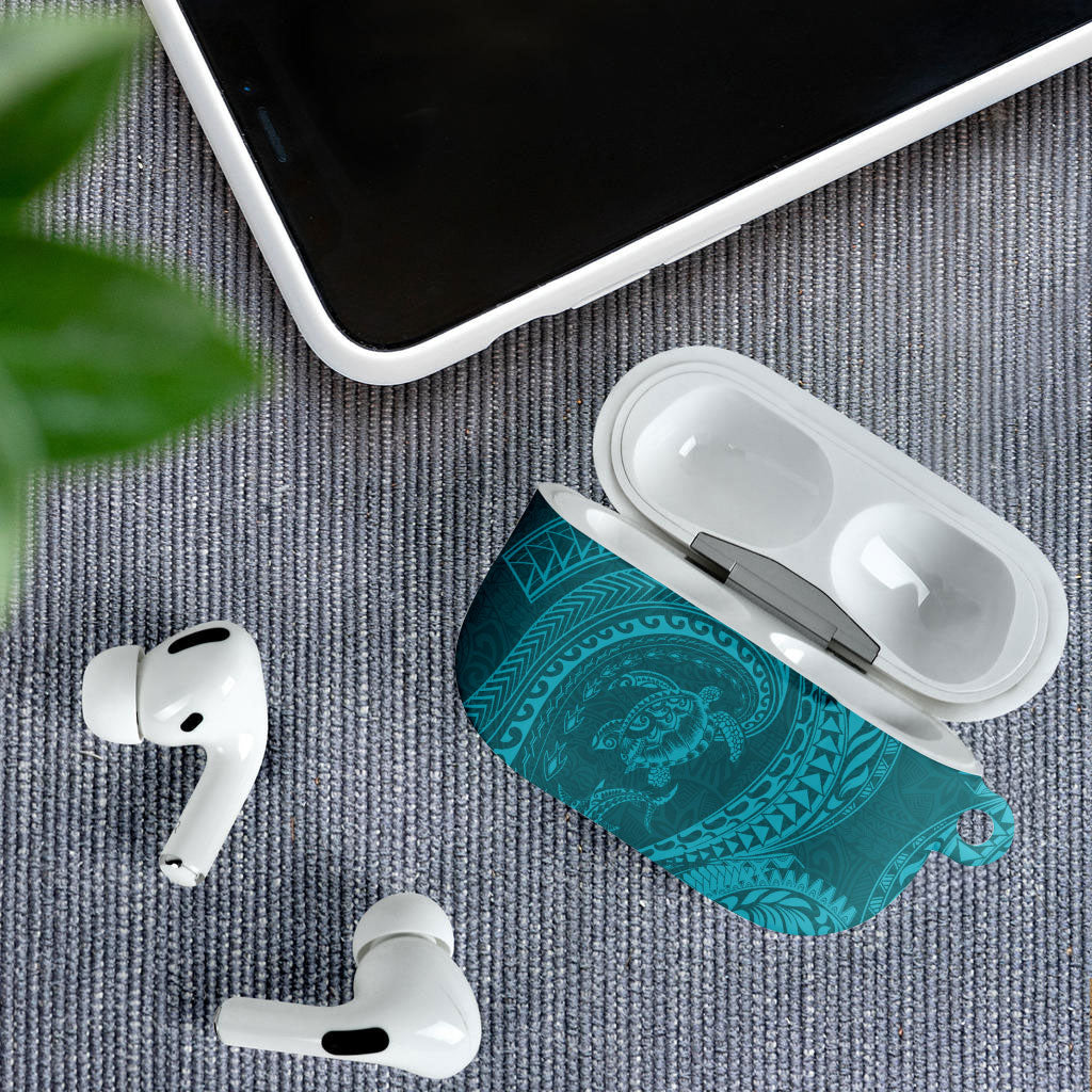 Hawaiian Turtle and Shark AirPods Case Kakau Tribal with Polynesian Pattern Turquoise Color LT03 - Polynesian Pride