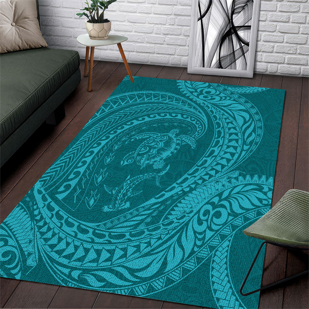 Hawaiian Turtle and Shark Area Rug Kakau Tribal with Polynesian Pattern Turquoise Color LT03 Turquoise - Polynesian Pride
