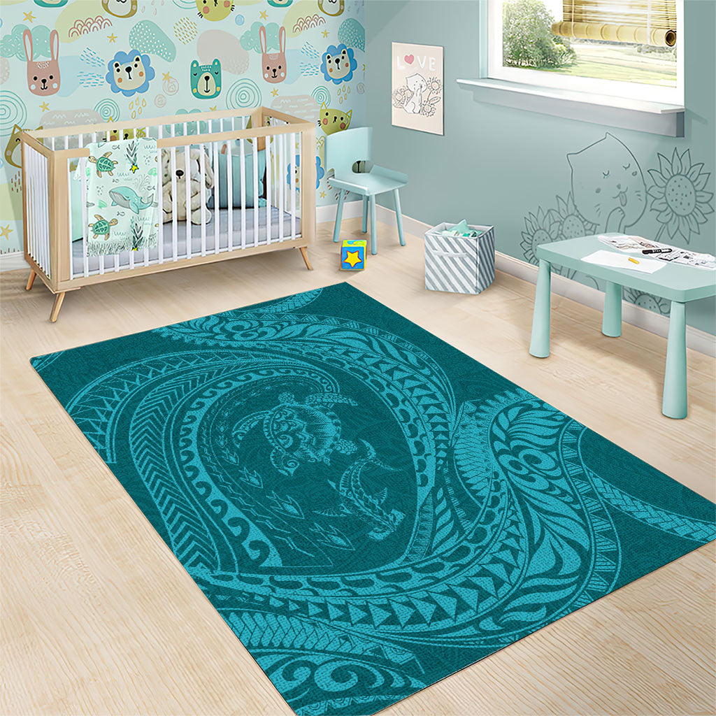 Hawaiian Turtle and Shark Area Rug Kakau Tribal with Polynesian Pattern Turquoise Color LT03 - Polynesian Pride