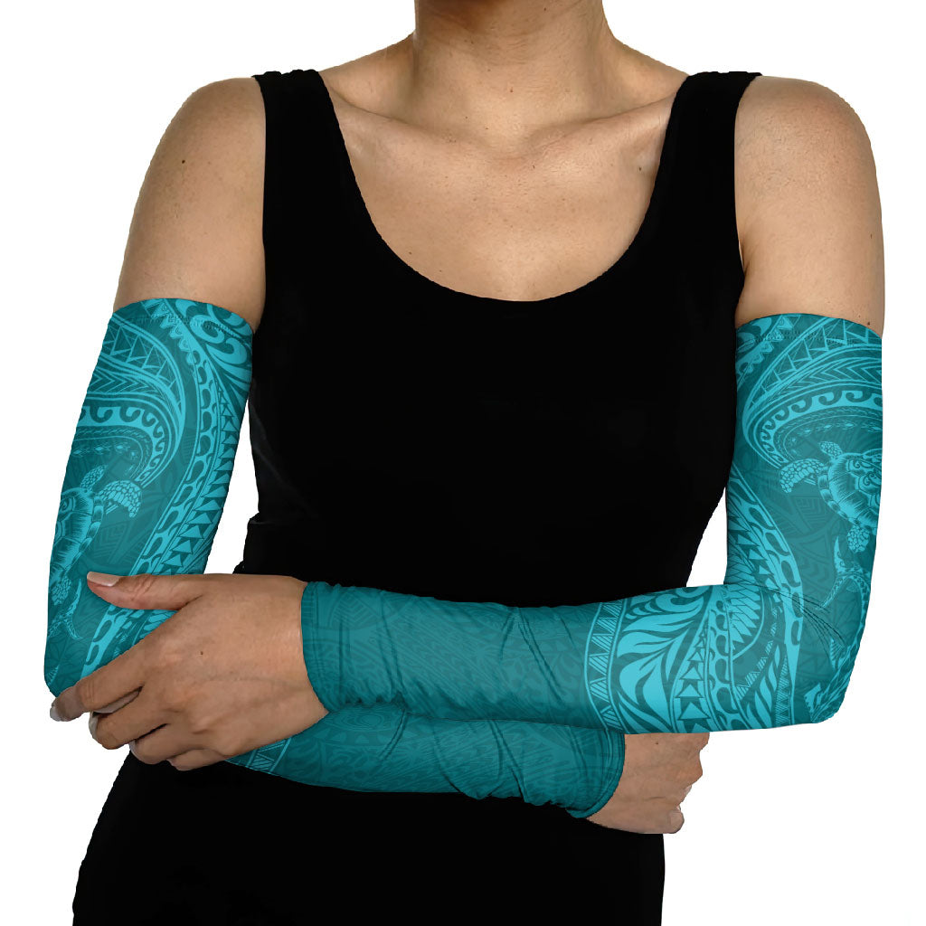 Hawaiian Turtle and Shark Arm Sleeves Kakau Tribal with Polynesian Pattern Turquoise Color LT03 - Polynesian Pride