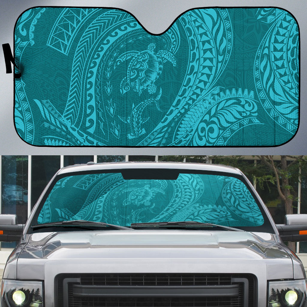 Hawaiian Turtle and Shark Auto Sun Shade Kakau Tribal with Polynesian Pattern Turquoise Color LT03 Turquoise - Polynesian Pride