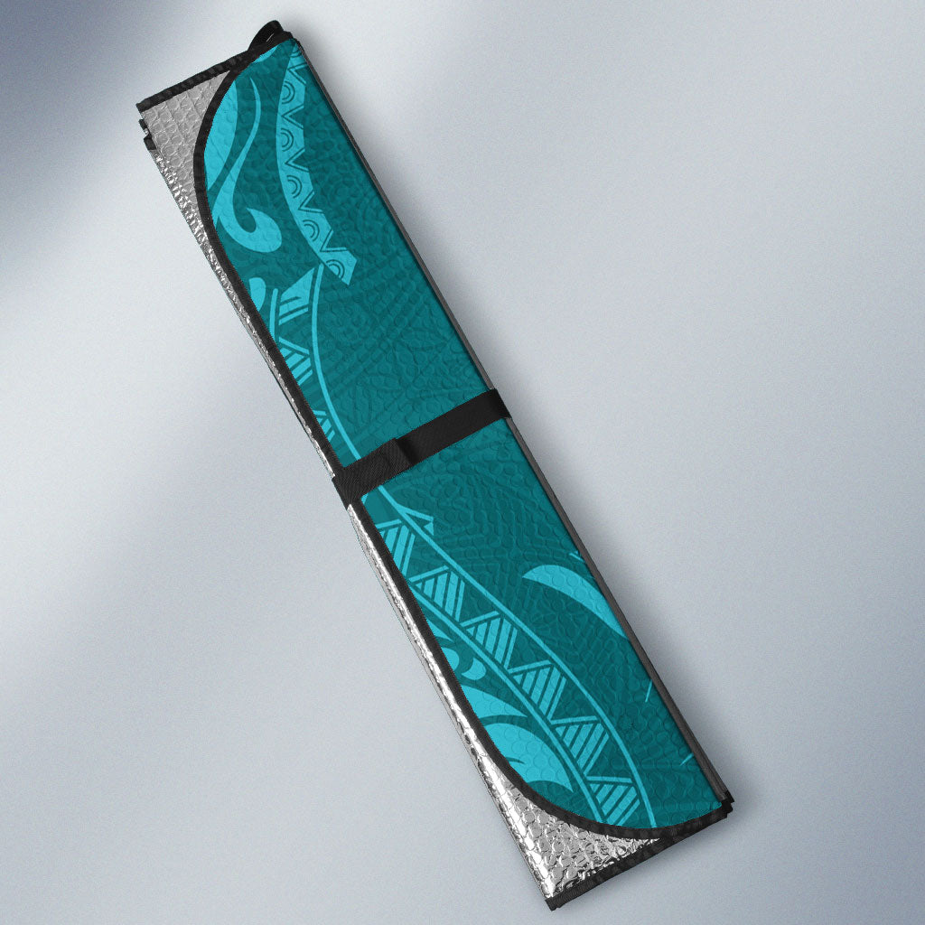 Hawaiian Turtle and Shark Auto Sun Shade Kakau Tribal with Polynesian Pattern Turquoise Color LT03 - Polynesian Pride