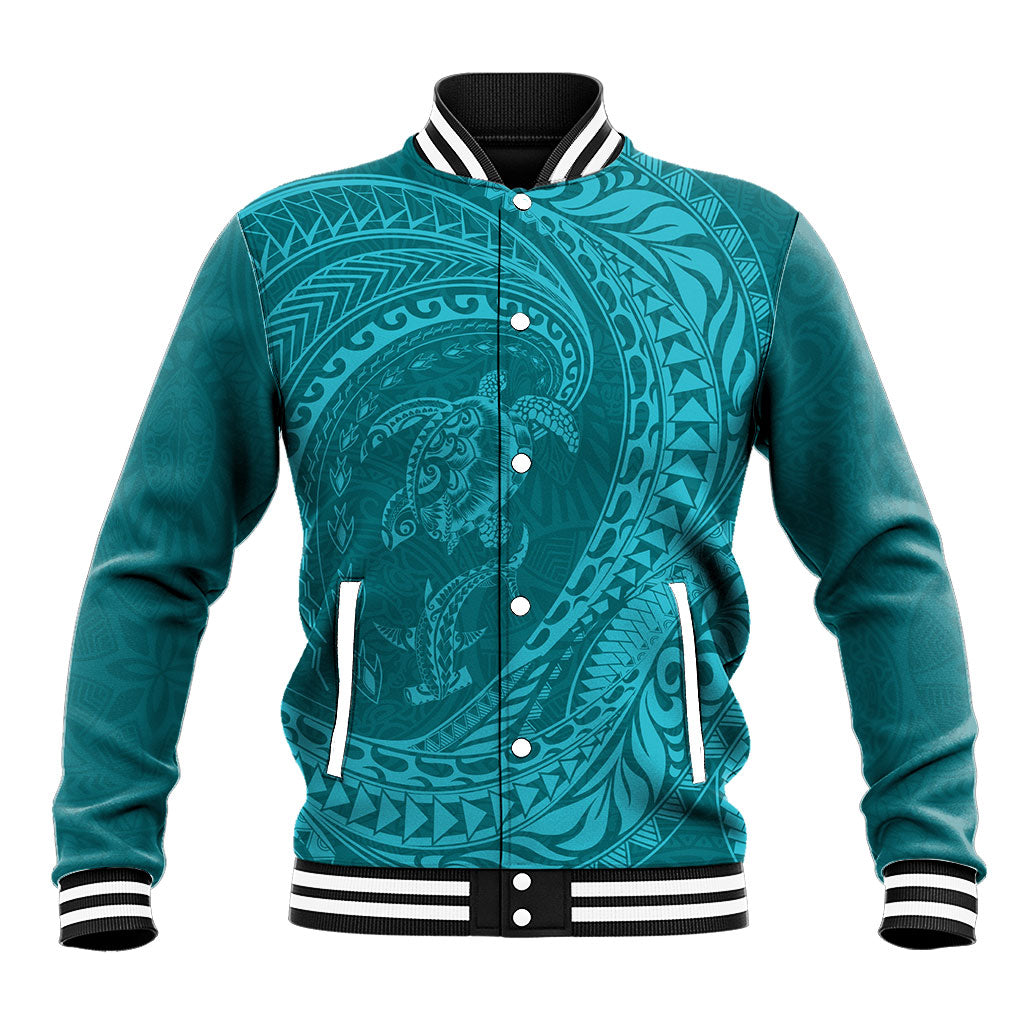 Hawaiian Turtle and Shark Baseball Jacket Kakau Tribal with Polynesian Pattern Turquoise Color LT03 Unisex Turquoise - Polynesian Pride