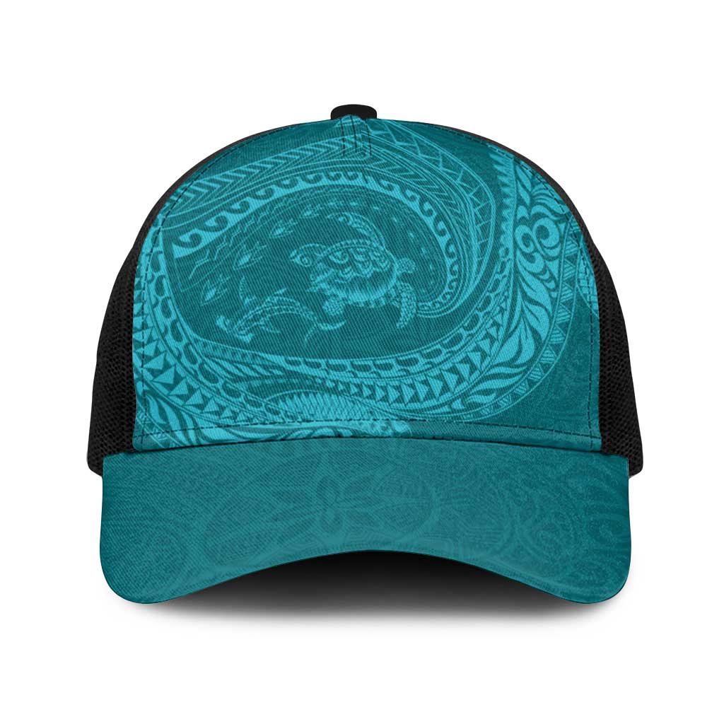 Hawaiian Turtle and Shark Baseball Net Cap Kakau Tribal with Polynesian Pattern Turquoise Color LT03 One Size Black Turquoise - Polynesian Pride