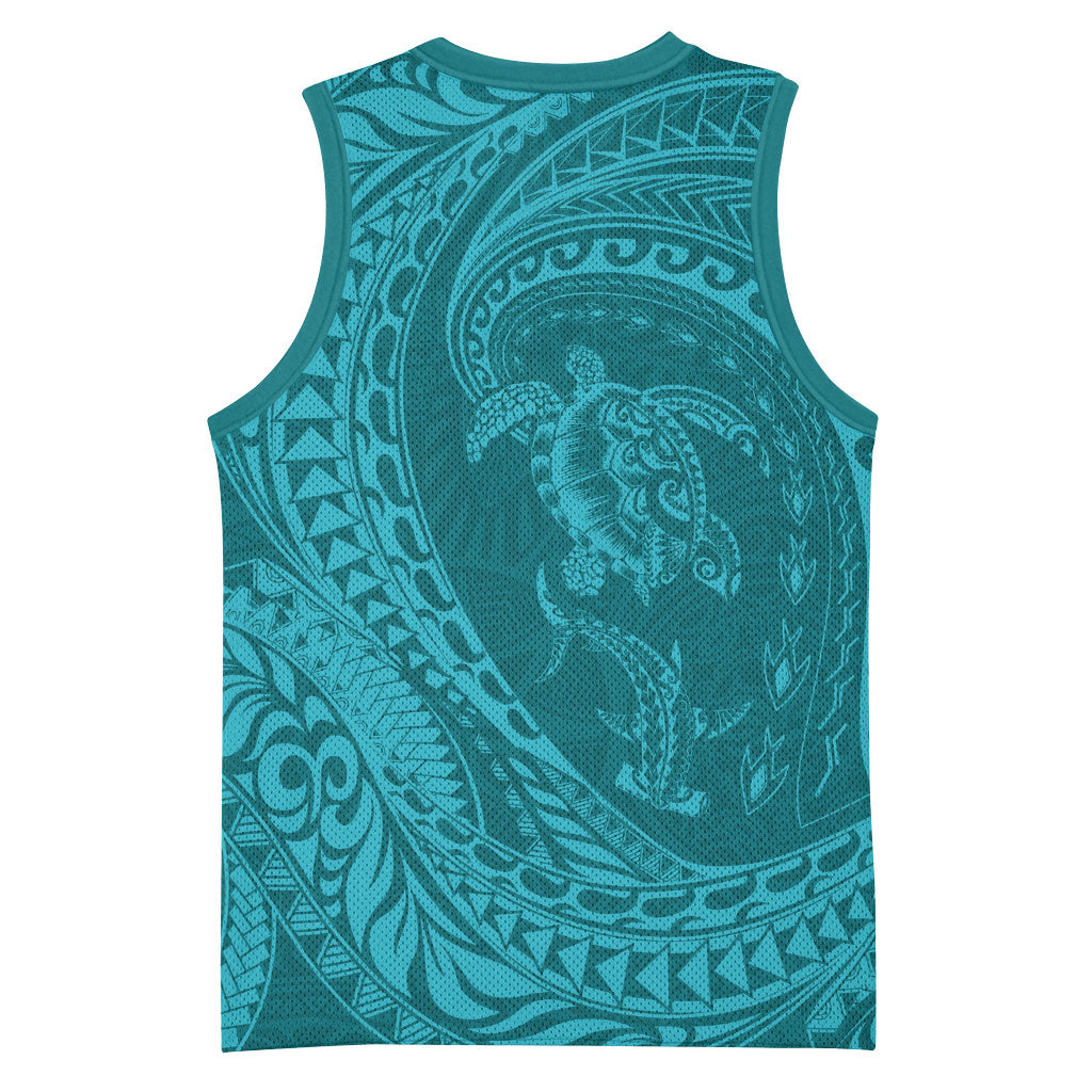 Hawaiian Turtle and Shark Basketball Jersey Kakau Tribal with Polynesian Pattern Turquoise Color LT03 - Polynesian Pride