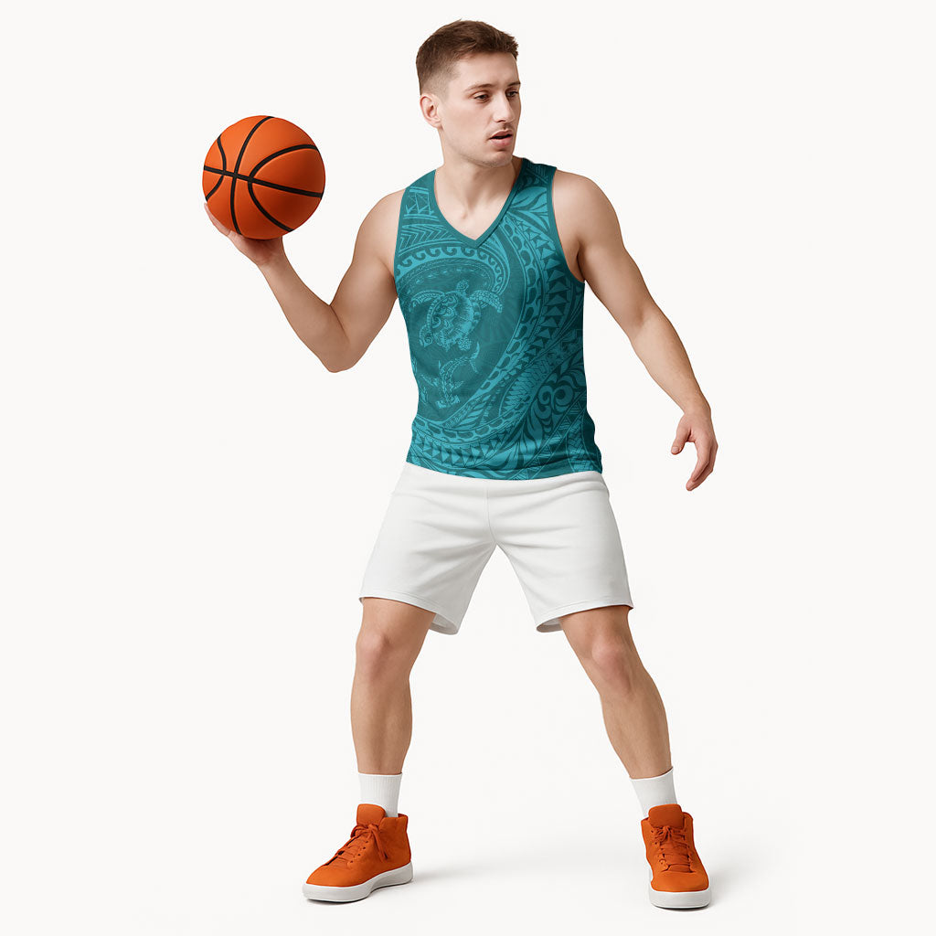 Hawaiian Turtle and Shark Basketball Jersey Kakau Tribal with Polynesian Pattern Turquoise Color LT03 - Polynesian Pride