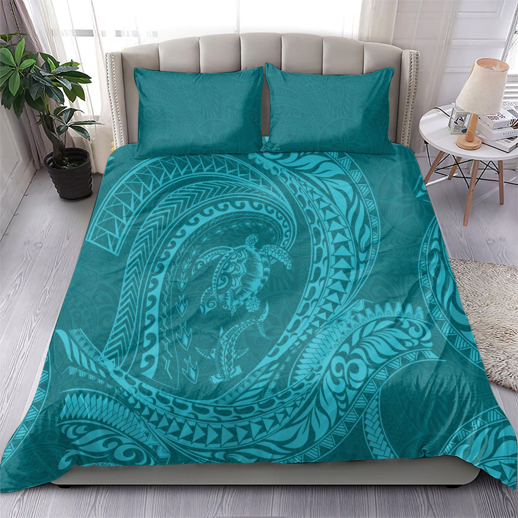 Hawaiian Turtle and Shark Bedding Set Kakau Tribal with Polynesian Pattern Turquoise Color LT03 - Polynesian Pride