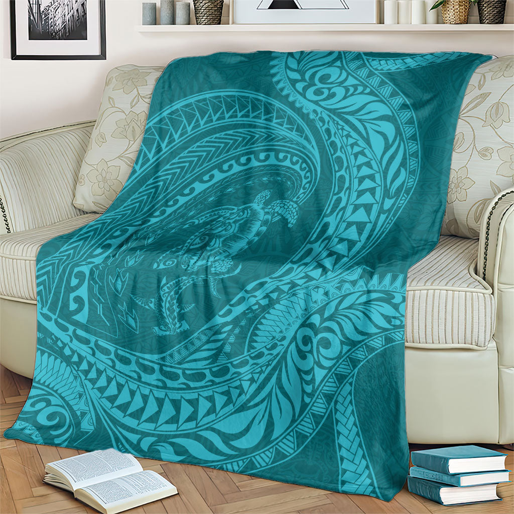 Hawaiian Turtle and Shark Blanket Kakau Tribal with Polynesian Pattern Turquoise Color LT03 - Polynesian Pride