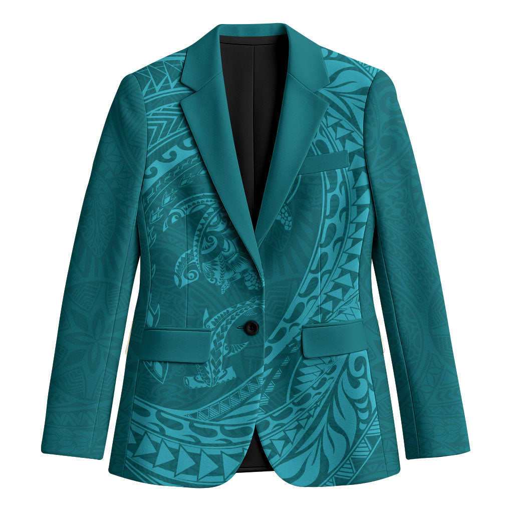 Hawaiian Turtle and Shark Blazer Kakau Tribal with Polynesian Pattern Turquoise Color LT03 Unisex Turquoise - Polynesian Pride