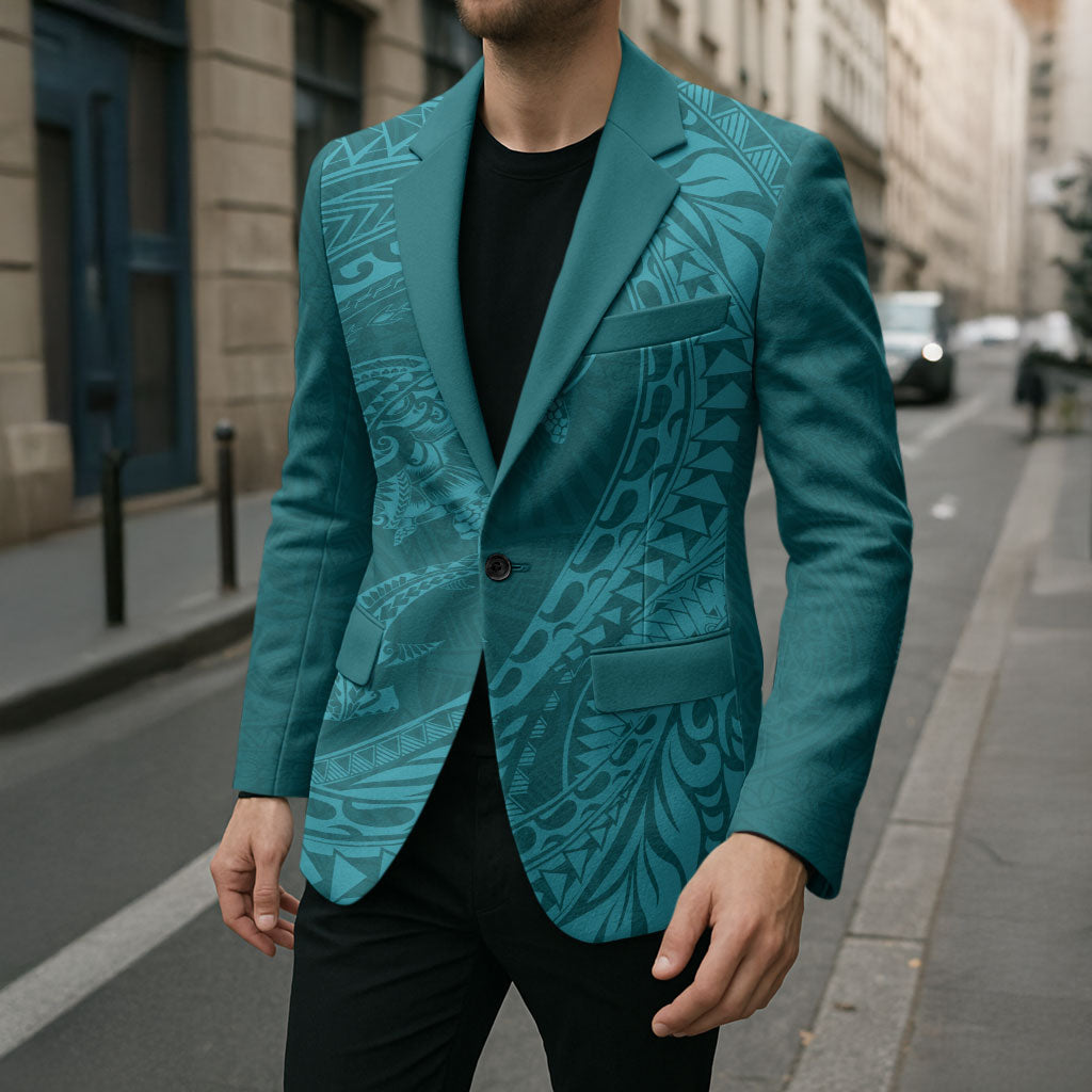 Hawaiian Turtle and Shark Blazer Kakau Tribal with Polynesian Pattern Turquoise Color LT03 - Polynesian Pride