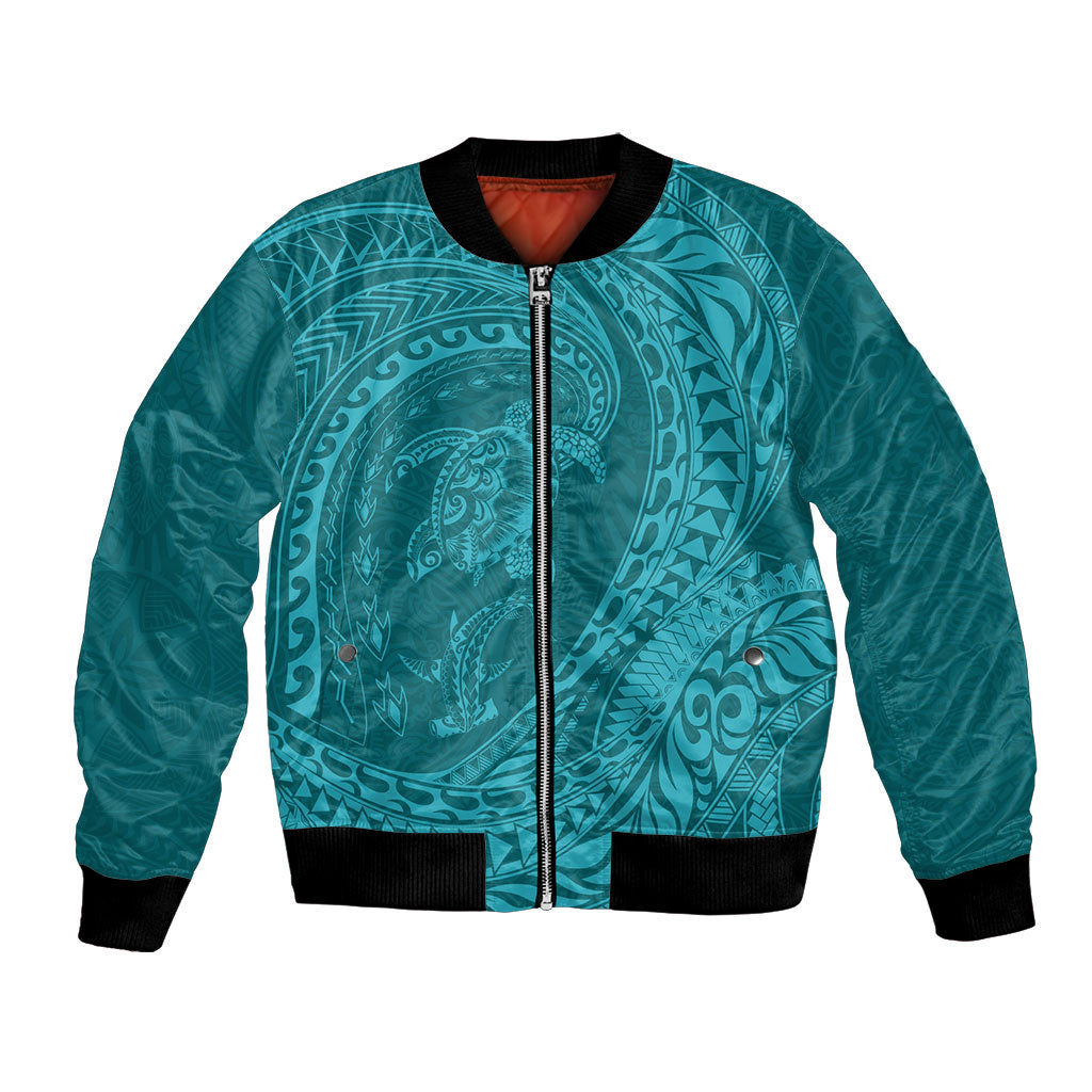 Hawaiian Turtle and Shark Bomber Jacket Kakau Tribal with Polynesian Pattern Turquoise Color LT03 Unisex Turquoise - Polynesian Pride
