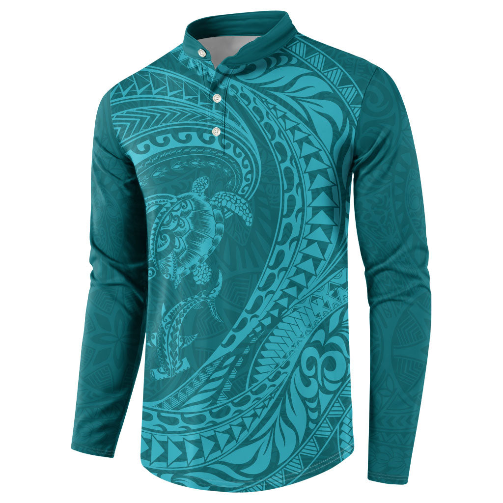 Hawaiian Turtle and Shark Button Sweatshirt Kakau Tribal with Polynesian Pattern Turquoise Color LT03 - Polynesian Pride