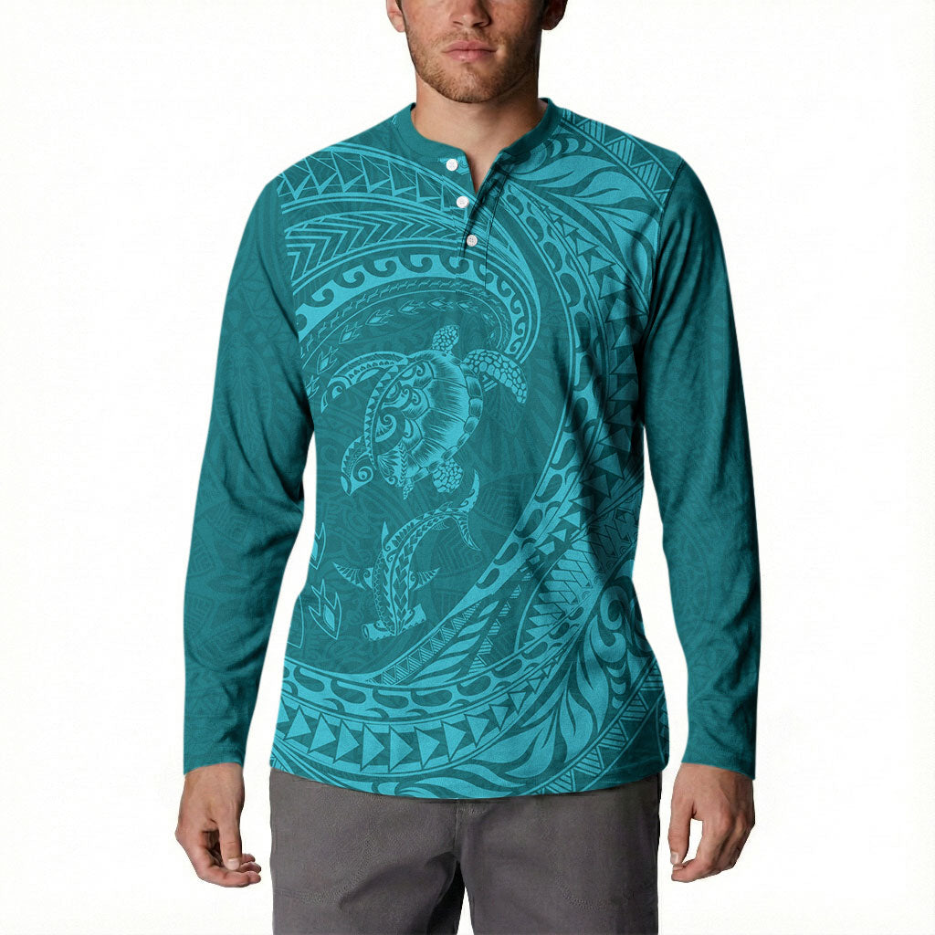 Hawaiian Turtle and Shark Button Sweatshirt Kakau Tribal with Polynesian Pattern Turquoise Color LT03 - Polynesian Pride