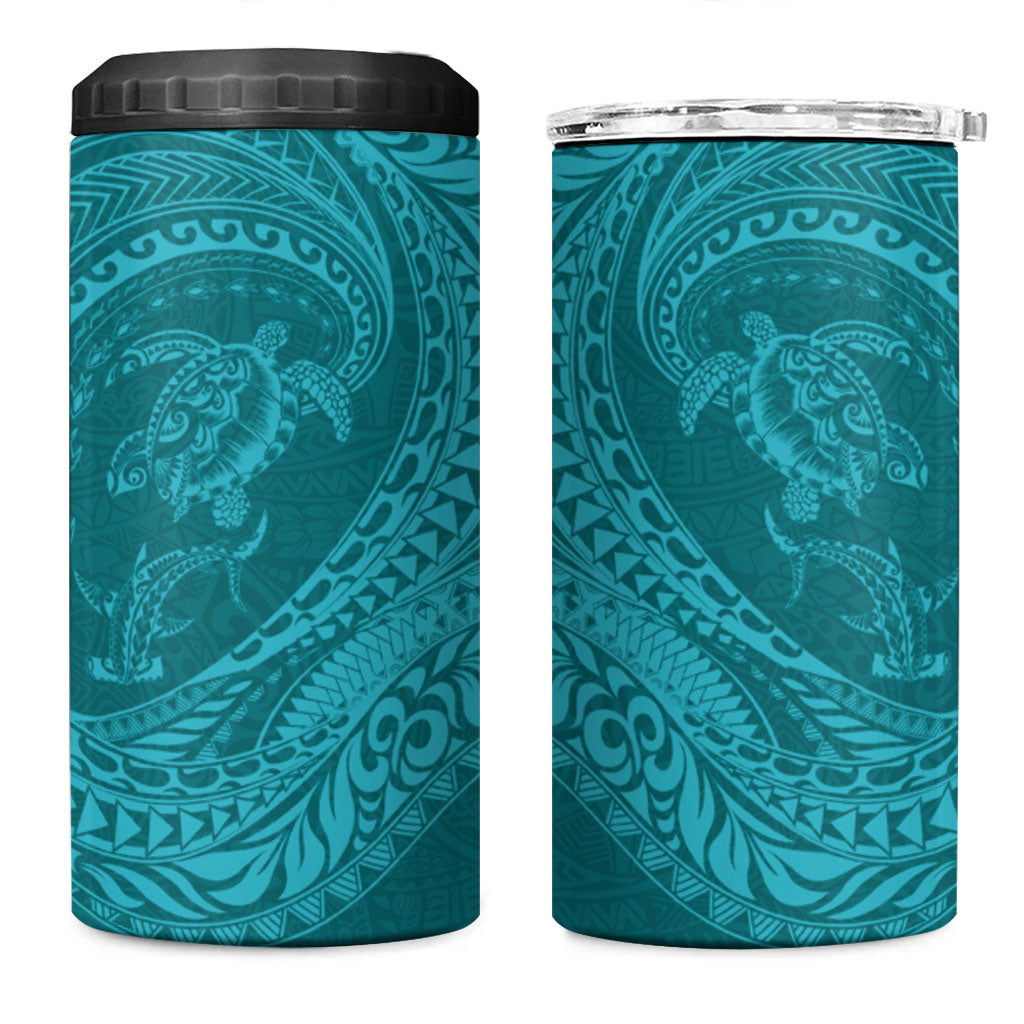 Hawaiian Turtle and Shark 4 in 1 Can Cooler Tumbler Kakau Tribal with Polynesian Pattern Turquoise Color LT03 One Size: 16 oz Turquoise - Polynesian Pride