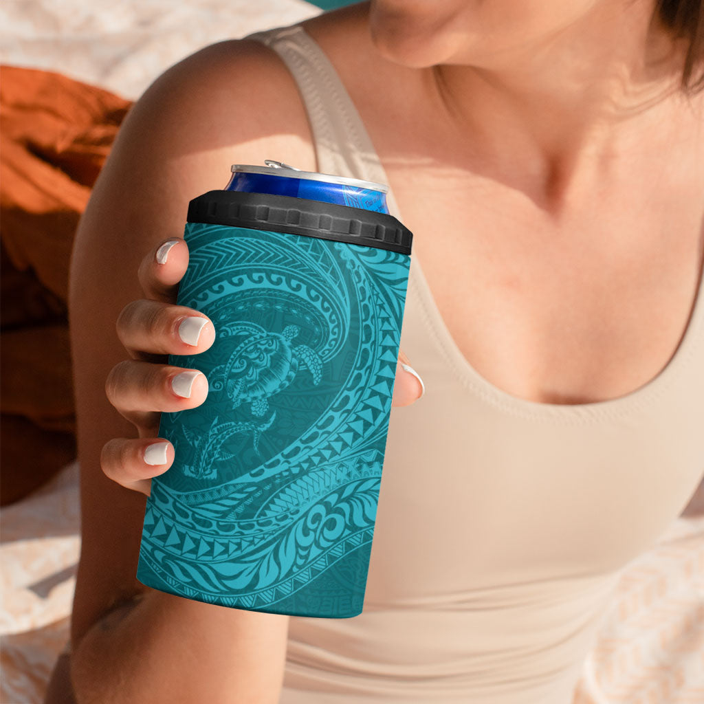 Hawaiian Turtle and Shark 4 in 1 Can Cooler Tumbler Kakau Tribal with Polynesian Pattern Turquoise Color LT03 - Polynesian Pride