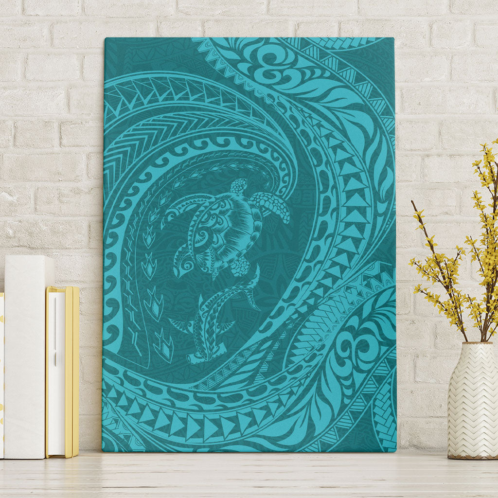 Hawaiian Turtle and Shark Canvas Wall Art Kakau Tribal with Polynesian Pattern Turquoise Color LT03 Without Frame Turquoise - Polynesian Pride
