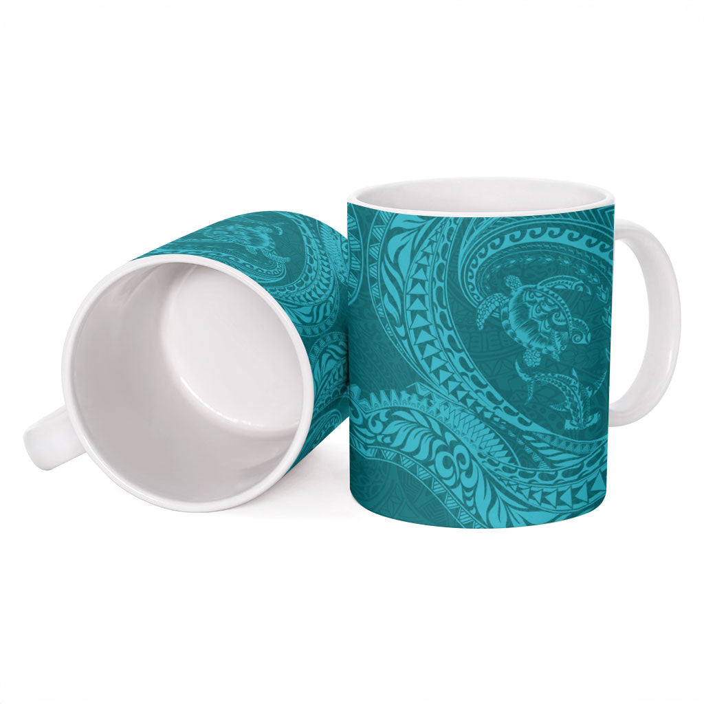 Hawaiian Turtle and Shark Ceramic Mug Kakau Tribal with Polynesian Pattern Turquoise Color LT03 - Polynesian Pride