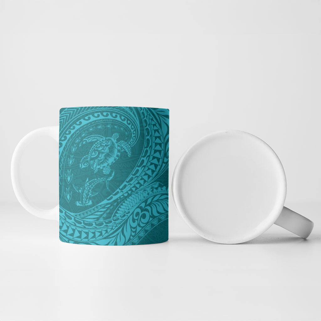 Hawaiian Turtle and Shark Ceramic Mug Kakau Tribal with Polynesian Pattern Turquoise Color LT03 - Polynesian Pride