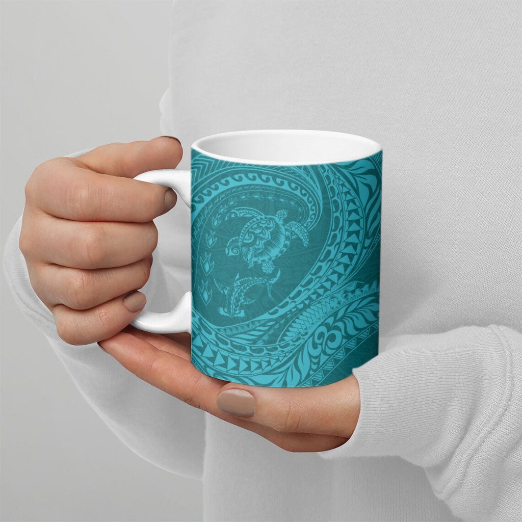 Hawaiian Turtle and Shark Ceramic Mug Kakau Tribal with Polynesian Pattern Turquoise Color LT03 - Polynesian Pride