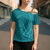 Hawaiian Turtle and Shark Cross Shoulder Shirt Kakau Tribal with Polynesian Pattern Turquoise Color LT03 - Polynesian Pride