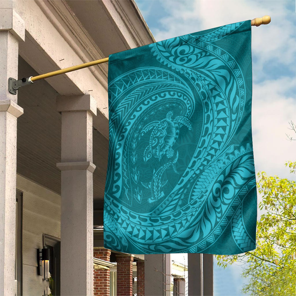 Hawaiian Turtle and Shark Garden Flag Kakau Tribal with Polynesian Pattern Turquoise Color LT03 House Flag Turquoise - Polynesian Pride