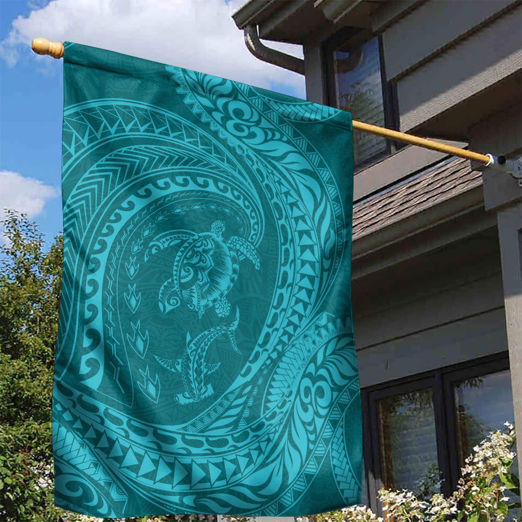 Hawaiian Turtle and Shark Garden Flag Kakau Tribal with Polynesian Pattern Turquoise Color LT03 - Polynesian Pride