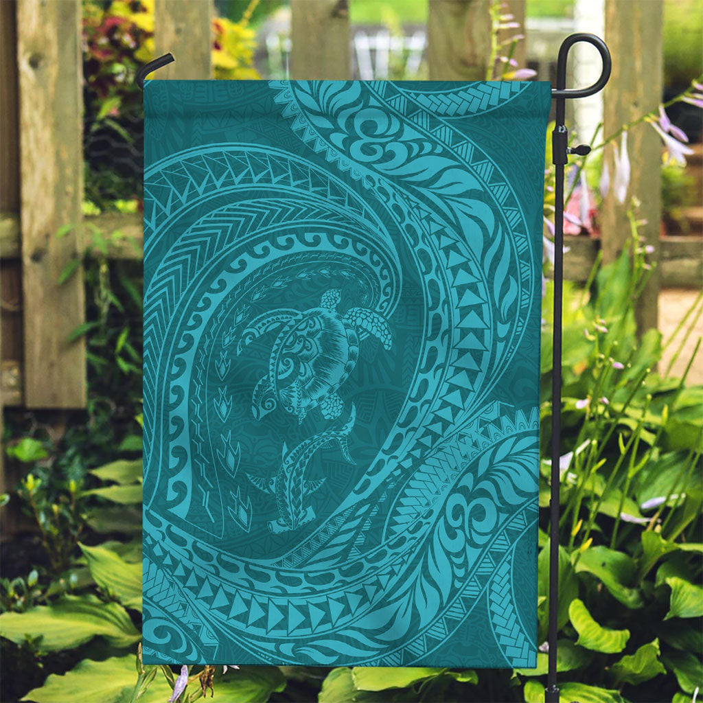 Hawaiian Turtle and Shark Garden Flag Kakau Tribal with Polynesian Pattern Turquoise Color LT03 Garden Flag Turquoise - Polynesian Pride
