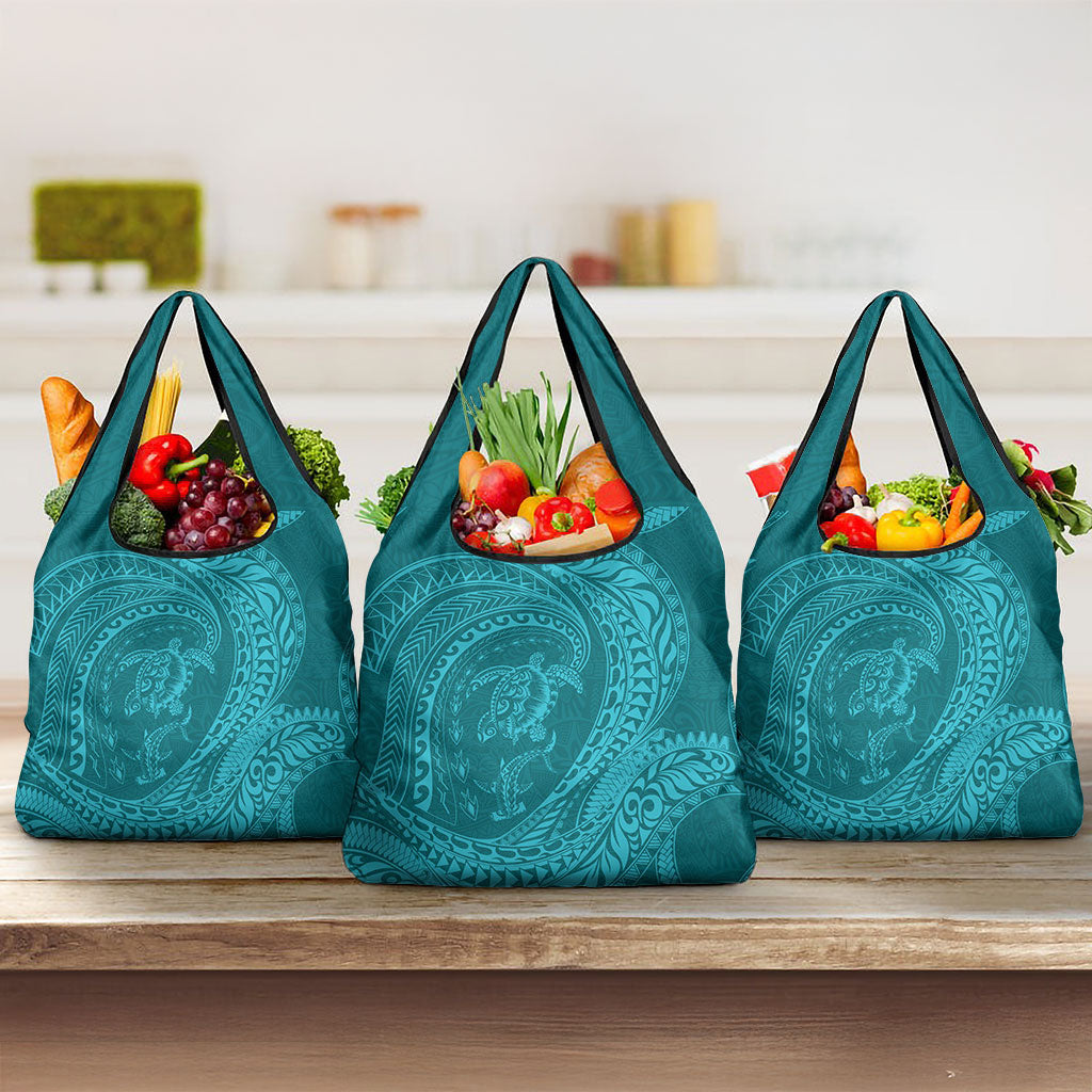 Hawaiian Turtle and Shark Grocery Bag Kakau Tribal with Polynesian Pattern Turquoise Color LT03 3-pack One Size Turquoise - Polynesian Pride