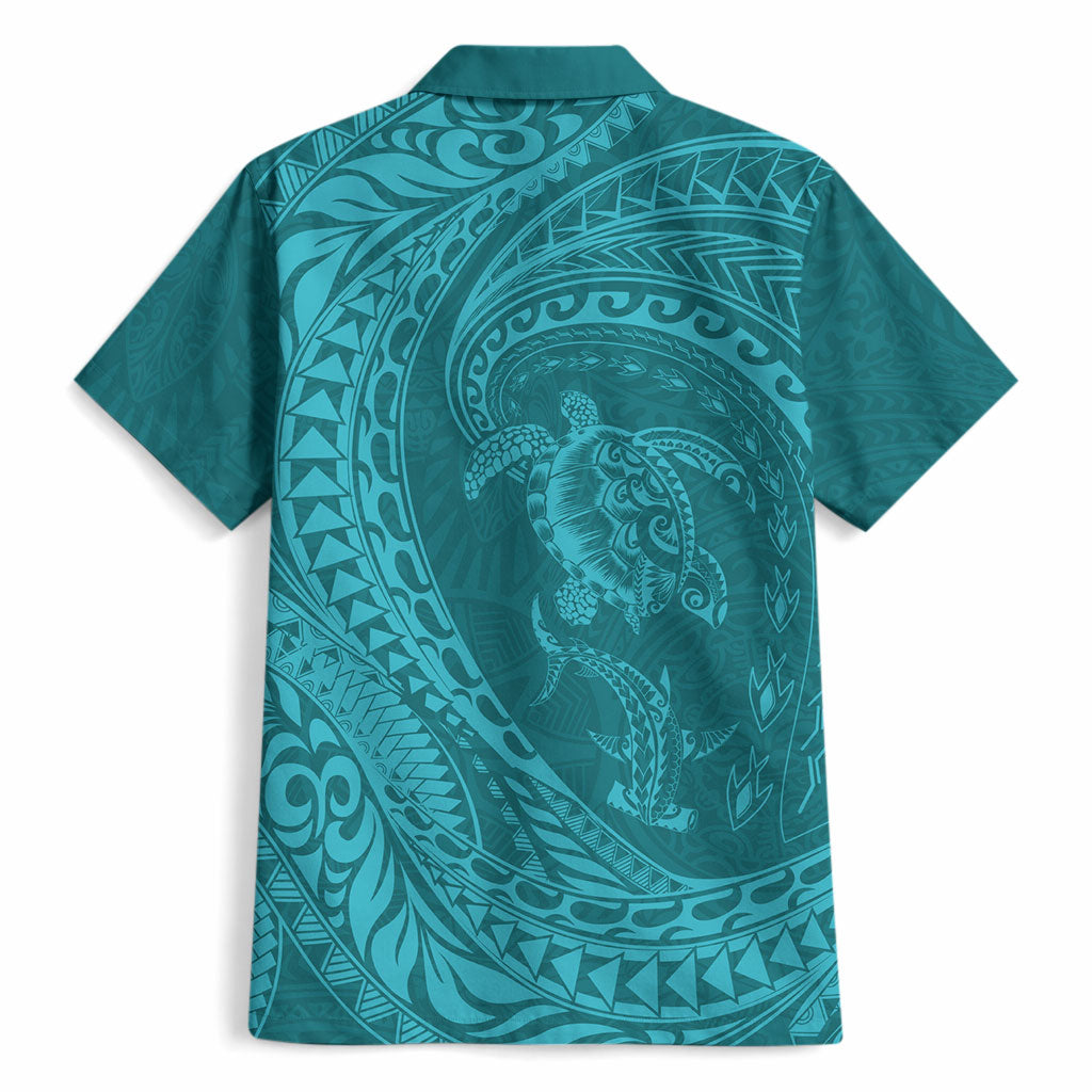 Hawaiian Turtle and Shark Hawaiian Shirt Kakau Tribal with Polynesian Pattern Turquoise Color LT03 - Polynesian Pride