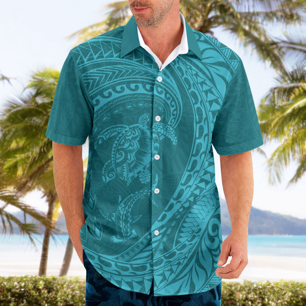 Hawaiian Turtle and Shark Hawaiian Shirt Kakau Tribal with Polynesian Pattern Turquoise Color LT03 - Polynesian Pride