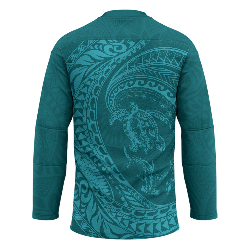 Hawaiian Turtle and Shark Hockey Jersey Kakau Tribal with Polynesian Pattern Turquoise Color LT03 - Polynesian Pride