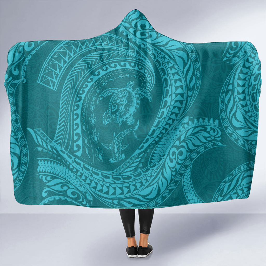 Hawaiian Turtle and Shark Hooded Blanket Kakau Tribal with Polynesian Pattern Turquoise Color LT03 One Size Turquoise - Polynesian Pride