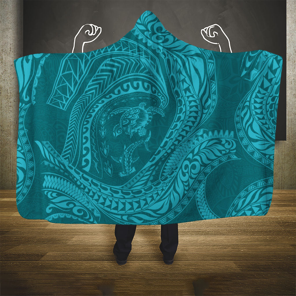 Hawaiian Turtle and Shark Hooded Blanket Kakau Tribal with Polynesian Pattern Turquoise Color LT03 - Polynesian Pride