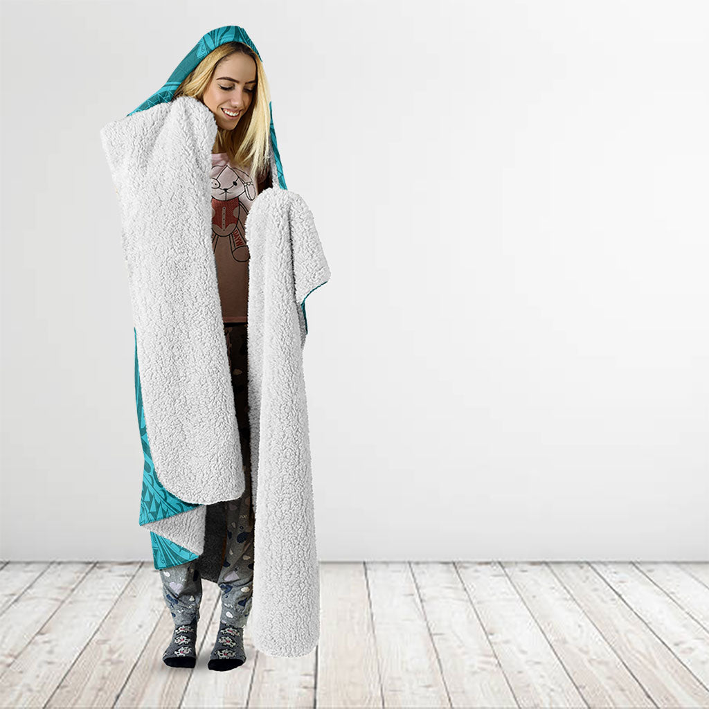 Hawaiian Turtle and Shark Hooded Blanket Kakau Tribal with Polynesian Pattern Turquoise Color LT03 - Polynesian Pride
