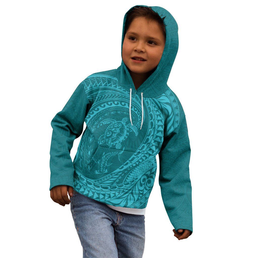 Hawaiian Turtle and Shark Kid Hoodie Kakau Tribal with Polynesian Pattern Turquoise Color LT03 - Polynesian Pride