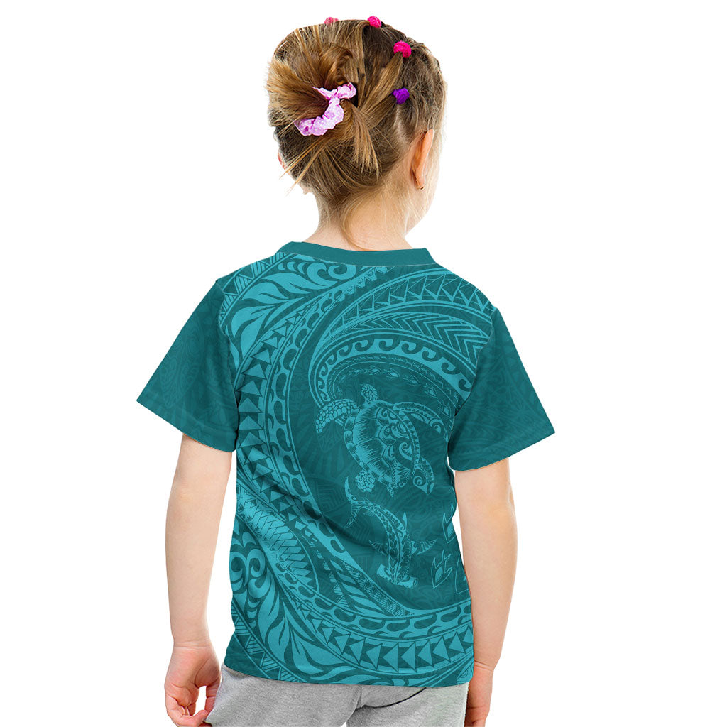 Hawaiian Turtle and Shark Kid T Shirt Kakau Tribal with Polynesian Pattern Turquoise Color LT03 - Polynesian Pride