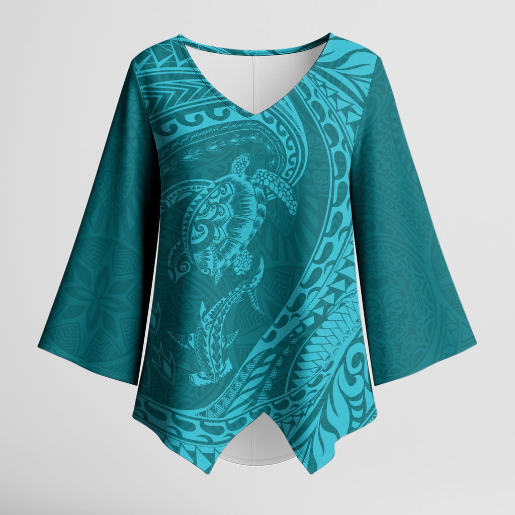 Hawaiian Turtle and Shark Kimono Sleeve Blouse Kakau Tribal with Polynesian Pattern Turquoise Color LT03 Female Turquoise - Polynesian Pride