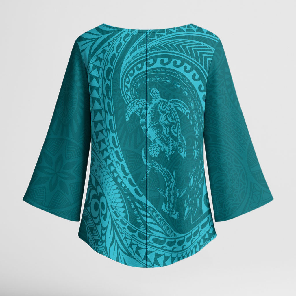 Hawaiian Turtle and Shark Kimono Sleeve Blouse Kakau Tribal with Polynesian Pattern Turquoise Color LT03 - Polynesian Pride