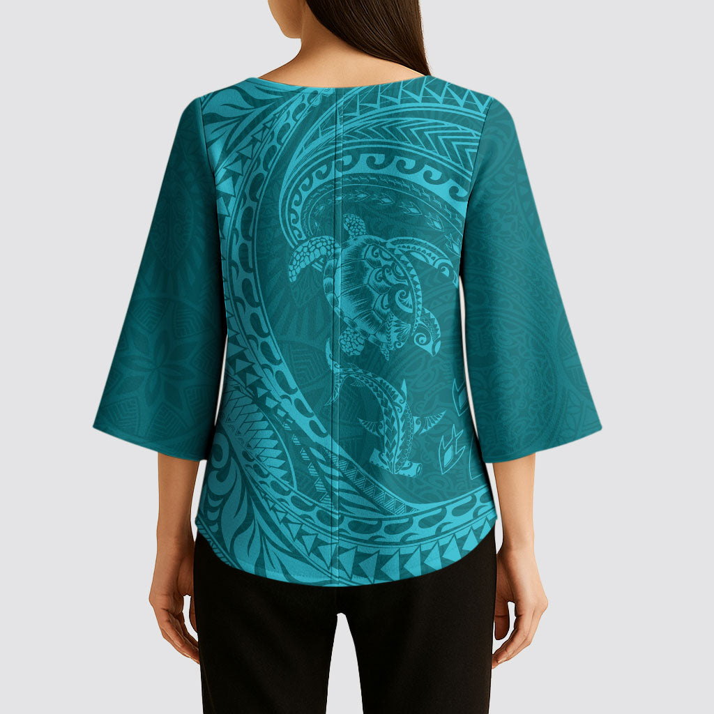 Hawaiian Turtle and Shark Kimono Sleeve Blouse Kakau Tribal with Polynesian Pattern Turquoise Color LT03 - Polynesian Pride