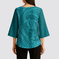 Hawaiian Turtle and Shark Kimono Sleeve Blouse Kakau Tribal with Polynesian Pattern Turquoise Color LT03 - Polynesian Pride