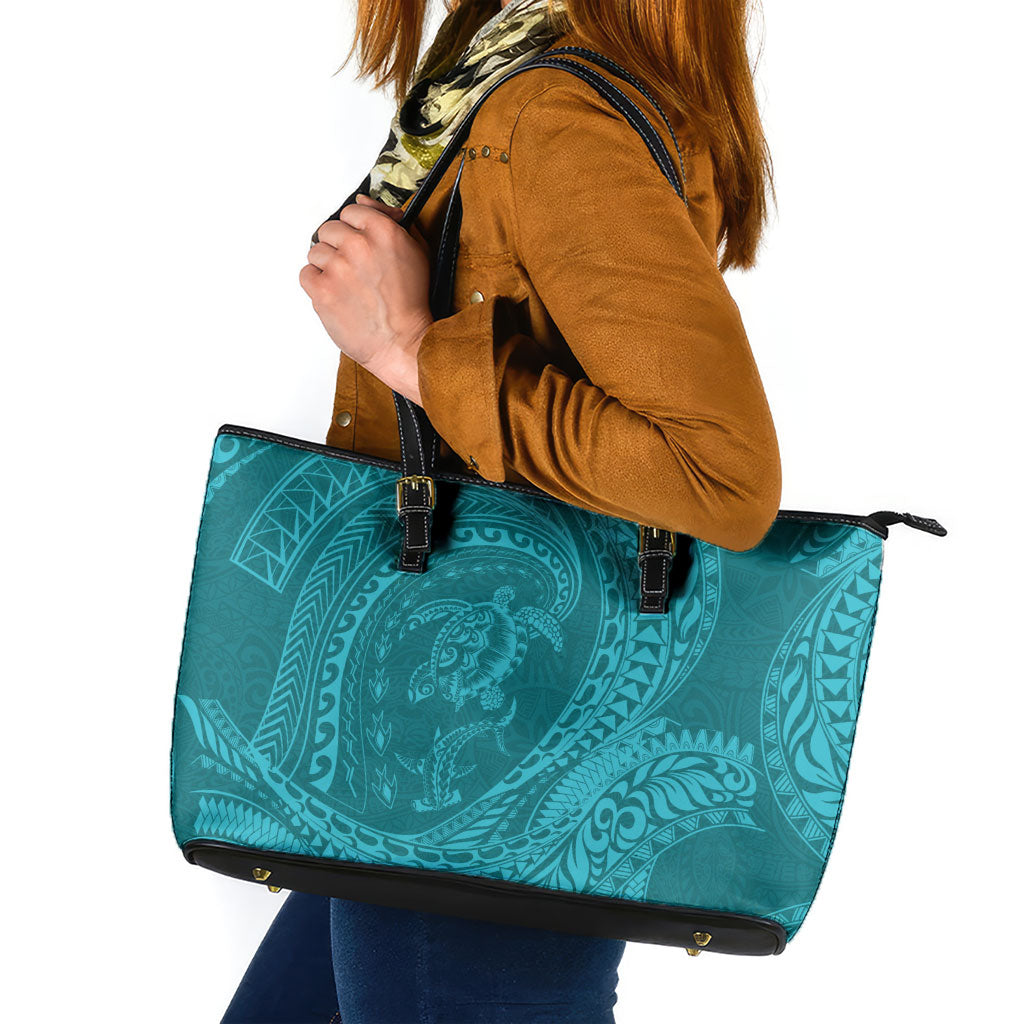 Hawaiian Turtle and Shark Leather Tote Bag Kakau Tribal with Polynesian Pattern Turquoise Color LT03 Turquoise - Polynesian Pride