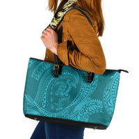 Hawaiian Turtle and Shark Leather Tote Bag Kakau Tribal with Polynesian Pattern Turquoise Color LT03 Turquoise - Polynesian Pride