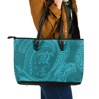 Hawaiian Turtle and Shark Leather Tote Bag Kakau Tribal with Polynesian Pattern Turquoise Color LT03 - Polynesian Pride