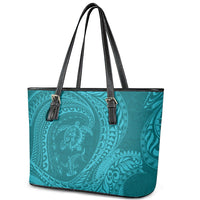 Hawaiian Turtle and Shark Leather Tote Bag Kakau Tribal with Polynesian Pattern Turquoise Color LT03 - Polynesian Pride